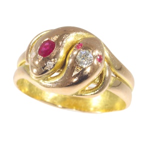 Vintage antique 18K gold double snake ring set with diamonds and rubies